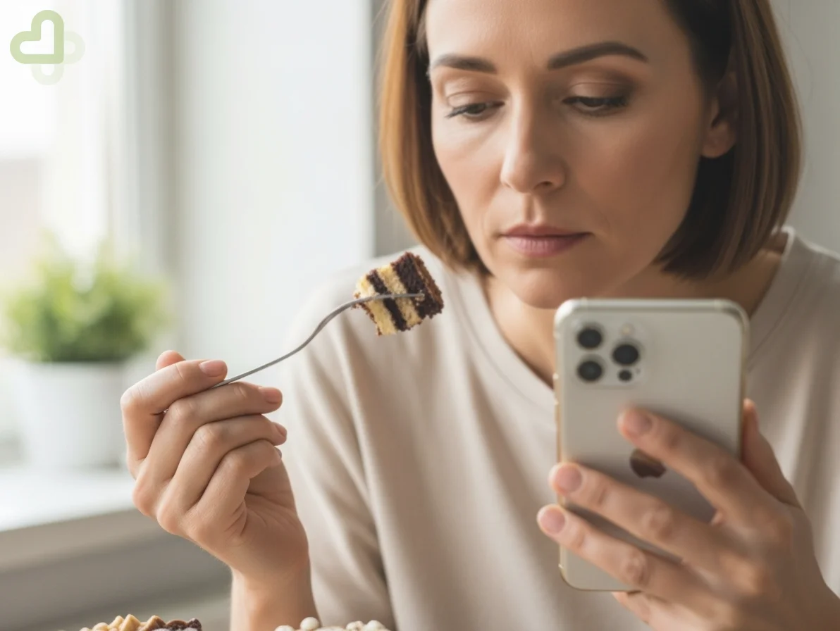 Женщина ест торт и смотрит в телефон